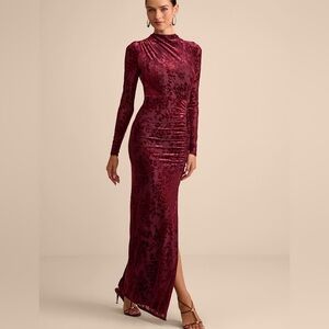 Neilina Burgundy Velvet Jacquard Mock Neck Maxi Dress